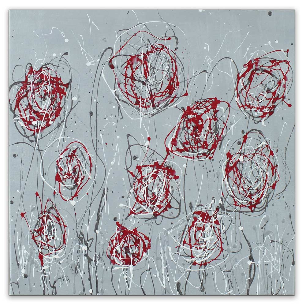 Silver Red Abstract Poppy Contemporary Art on Canvas